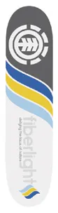 Element Division Fiberlight skateboard deck: Grey top with a white Element tree emblem, then swooping blue, yellow and pale blue bands over a white lower deck with faint Fiberlight lettering and a small wave logo.