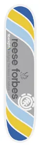 Element Reese Forbes Fiberlight skateboard deck: Diagonal bands of blue, pale blue and yellow wrap a grey panel carrying the rider's name in large grey lettering, a small leaf motif, the Fiberlight tagline and a white Element emblem.