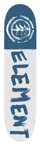 Element Brushed skateboard deck: Two-tone deck, blue at the nose with a brushed circular Element tree logo, and pale grey below with the name ELEMENT in rough brushstroke capitals running down the length.