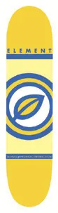 Element Centered skateboard deck: A centred Element leaf logo inside concentric blue and yellow circles on a yellow deck with a pale yellow stripe. The Element wordmark runs across the top in blue, with small print along the bottom.