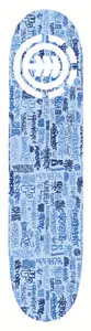 Element Getting Up Pattern skateboard deck: A white Element logo in the upper part of a pale blue deck, over a dense collage of blue tag-style and graffiti lettering that covers the whole surface.