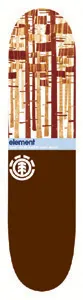 Element Open Door skateboard deck: A block of vertical red, orange and cream lines like an abstract forest at the nose of a deck, over a pale blue band with small element text, and a white circular Element logo on a solid brown lower half.