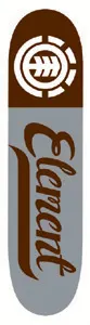 Element Cursive skateboard deck: A two-tone deck with a brown nose carrying the white Element tree-ring logo, and a grey body with the brand name in large brown cursive script with an underline swash.