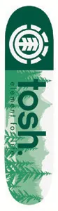 Element Tosh Townend Welcome skateboard deck: White deck with a dark green top section holding the white Element tree logo, and a green pine forest and mountain landscape beneath, with 'tosh.' in large dark green type and 'element for life' running beside it.