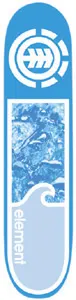 Element Water II skateboard deck: A blue deck with a white Element circular logo at the top, a framed blue-tinted photo of rippling water in the middle and a white wave shape with the element wordmark running up the side.