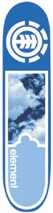 Element Wind II skateboard deck: A blue deck with a white Element circular logo at the top, a framed photo of blue sky and clouds in the middle and a pale cloud-shaped panel with the element wordmark running up the side.