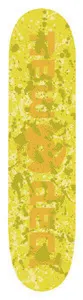 New Deal Sketchy skateboard deck: Yellow deck covered in orange and olive paint splatters, with a large orange logo in mirrored block lettering running up the length, centred on a circular emblem.