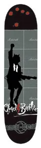New Deal Chad Bartie ND/CB skateboard deck: Black silhouette of a guitarist in shorts and tie with a fist raised, in front of a wall of Marshall amplifiers. Chad Bartie name in white script and New Deal logo at the bottom, with red blobs at the top.