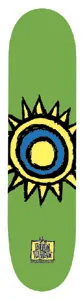 New Deal Sun skateboard deck: Crude hand-drawn sun with spiky yellow rays, a blue ring and yellow centre, outlined in black on a green deck, with a small New Deal logo near the tail.