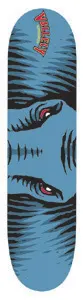 Vallely Elephant Eyes skateboard deck: Close-up of an elephant's face cropped to the eyes and top of the trunk, drawn in bold black hatching on a blue ground, with red-lit eyes and an orange VALLELY logo at the top.