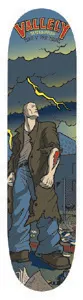 Vallely Mike V. Pro Hero skateboard deck: Comic-book style illustration of a tall, stitched Frankenstein-like man in a long coat standing under a stormy sky with a yellow lightning bolt, beside a town scene. Red Vallely logo lettering at the top.