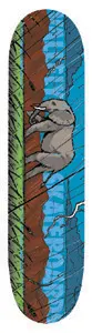 Vallely Storm skateboard deck: Comic-style illustration of a grey elephant walking across a brown and blue landscape under diagonal rain and a lightning bolt, with a green grass strip at the edge. Brand lettering runs in blue down the board.