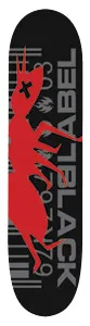 Black Label Sellout Dead Ant skateboard deck: Large red ant with a crossed-out eye across a black deck, over grey barcode lines and numbers, with the Black Label name in grey vertical lettering and a small flame logo.