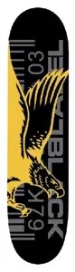 Black Label Sellout Eagle skateboard deck: Yellow and black eagle in profile with spread wings on a black deck, over grey barcode lines and numbers, with Black Label in grey vertical lettering.