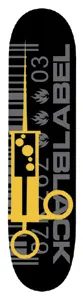 Black Label Sellout Syringe skateboard deck: Black deck with a large yellow syringe drawn in outline and solid shapes running down the board, over a grey barcode and numerals. Grey Black Label lettering runs up the right edge with three flame logos and '03'.