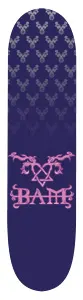 Element Bam Margera Tattoo skateboard deck: A purple deck with a faded pattern of pale stag-head or antler motifs across the top half. Near the bottom a pink winged heart-and-triangle emblem sits above ornate pink 'BAM' lettering.