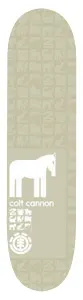 Element Colt Cannon Chromatic skateboard deck: Beige deck with a faint repeating pattern of small animal and symbol icons, a white horse silhouette in the lower half, rider name beneath and Element logo at the tail.