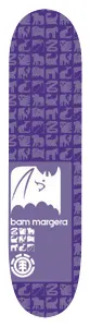 Element Bam Margera Chromatic skateboard deck: All-over pattern of small animal silhouettes in tonal purple, with a white panel showing a rhinoceros head in profile, the rider's name beneath and an Element logo at the bottom.