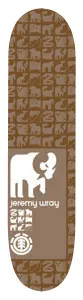 Element Jeremy Wray Chromatic skateboard deck: Brown deck covered in a repeating pattern of tonal animal silhouettes, with a large white elephant or ram silhouette in a panel near the bottom, rider name and the Element tree logo beneath.