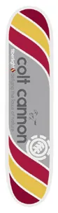 Element Colt Cannon Fiberlight skateboard deck: Wide diagonal stripes in maroon, mustard and white run across the deck, with a grey central panel carrying large rider name lettering, a Fiberlight slogan and the Element tree logo at the bottom.
