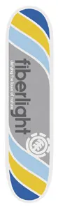 Element Equation Fiberlight skateboard deck: Wide diagonal stripes in blue, yellow and pale blue run across a white deck, with a grey central panel carrying large Fiberlight lettering, a small slogan and the Element tree logo at the bottom.