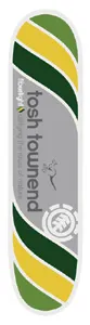 Element Tosh Townend Fiberlight skateboard deck: Diagonal stripes in green, dark green and yellow across both ends frame a grey central panel with the rider's name in large lower-case type, a small line-drawn bird and the Element tree logo.