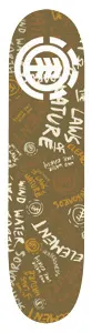 Element First Draft skateboard deck: Brown deck covered in white and orange handwritten scrawl, with a large white Element logo at the top and overlapping circular logos. Words include nature, laws, wind, water and Element.
