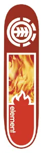 Element Fire skateboard deck: Red deck with a white Element tree-in-circle logo at the top and a framed photo of flames below, with a white flame shape and vertical 'element' lettering at the tail.