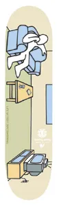 Element Jeremy Wray Non-Series skateboard deck: Cartoon room interior seen from above in pale cream, green and blue: a person slumped on a sofa, a side table and an old TV set, with small Element logo and fine print near the middle.