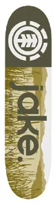 Element Jake Rupp Welcome skateboard deck: Element circular emblem in white on an olive block at the top, with a muted olive and cream landscape of grasses and hills below. Large vertical lowercase 'jake.' lettering runs down the deck.