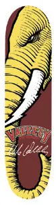 Vallely Mike Vallely Elephant Signature skateboard deck: Close-up engraved-style yellow elephant head with a large white tusk against a maroon ground, with the red Vallely logo and a white signature across the lower part.