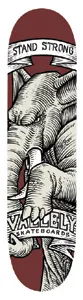 Vallely Vintage skateboard deck: Engraving-style cream illustration of an elephant's head and trunk with raised tusk on a maroon ground, under a banner reading 'Stand Strong' with the brand name along the base.