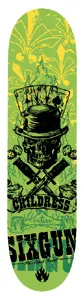Black Label Chet Childress Daggers Luck 2 skateboard deck: Skull in a top hat holding playing cards, over crossed daggers and a Childress banner, on green with yellow fleur-de-lis and bold SIXGUN lettering at the bottom. The Black Label flame logo is at the base.