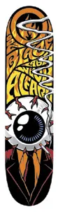 Black Label Adam Alfaro Eyeball skateboard deck: A large bloodshot eyeball with a cigarette, smoke curling up, wearing a suit jacket, with Black Label lettering in swirling psychedelic yellow and orange above, on black.