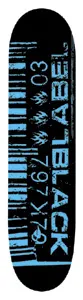 Black Label Bar Code 03 Cheapskates skateboard deck: A distressed, stencil-style barcode with numbers down one side and three flame logos, with Black Label lettering running up the deck, all in light blue on black.