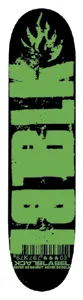 Black Label Decay 03 Cheapskates skateboard deck: Large green stencil-style BLK letters with a flame logo above them on a black deck, with a small barcode and Black Label text at the tail. Never rebought, never rebought printed along the bottom.