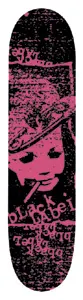 Black Label Pin Head 03 Cheapskates skateboard deck: A pink and black grainy print of a doll-like face in a hat with a cigarette in its mouth, with Black Label lettering and upside-down repeated text around the edges.