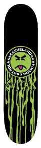 Black Label Kristian Svitak Pioson Control skateboard deck: A green angry smiley-style face in a circular badge reading Cleveland Poison Control, with green slime dripping down a black deck over the rider name.