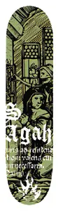 Black Label Salman Agah Strange Series skateboard deck: A green and black woodcut-style print of a medieval interior, with a woman in a headdress and another figure at a window. Gothic white lettering reads Agah, with Latin text below and a small emblem at the tail.
