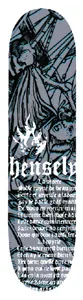 Black Label Matt Hensley Strange Series skateboard deck: Dark engraving-style scene of robed figures and sails in black and blue on a grey-blue ground, with a flame emblem and large gothic 'hensley' lettering over blocks of small French text.