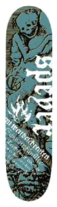 Black Label Wade Speyer Strange Series skateboard deck: Woodcut-style engraving of a skeletal figure and a grim face in teal and black, with large white 'speyer' lettering, a small flame emblem and old German blackletter text.