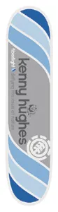 Element Kenny Hughes Fiberlight skateboard deck: Diagonal bands in shades of blue run across the deck either side of a grey central panel. The rider's name is in large lower-case type with a small creature mark, and the Element logo sits at the bottom.