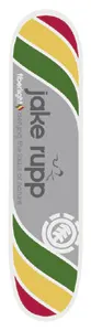 Element Jake Rupp Fiberlight skateboard deck: Grey central panel with the name 'jake rupp' set vertically, crossed by diagonal green, yellow and red stripes at top and bottom. Fiberlight tagline beneath the name and the Element logo near the tail.