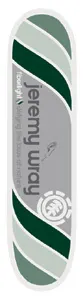 Element Jeremy Wray Fiberlight skateboard deck: Grey central panel with 'jeremy wray' set vertically, crossed by diagonal dark green and pale green-grey stripes at top and bottom. Fiberlight tagline beneath the name and the Element logo near the tail.