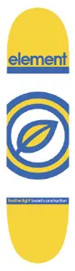 Element Centered skateboard deck: Yellow deck with the brand name in blue at the top above a blue bar, a large blue and yellow concentric circle logo with a leaf in the centre, and small blue text near the bottom.