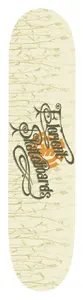 Element Harvest Moon skateboard deck: Ornate calligraphic 'Element Skateboards' lettering in dark olive over an orange Element logo, on a cream deck patterned with faint tan twigs and arrows.
