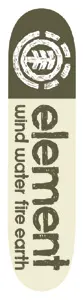 Element Rustic Level skateboard deck: An olive green nose with the round Element tree logo above cream, and the word 'element' in large distressed olive letters running up the deck, with 'wind water fire earth' beside it.