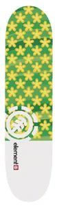 Element Spring skateboard deck: A repeating pattern of yellow five-petal flowers on layered green bands fills the top of the deck, with a white lower section carrying the large Element circle logo and wordmark.