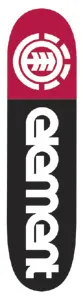 Element Channel Thriftwood skateboard deck: Deck split into a crimson top and black lower section. The Element circular tree-ring logo is in white at the nose, with the Element name in large white rotated lettering running down the black area.