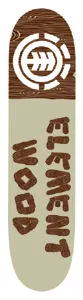 Element Log Saw Thriftwood skateboard deck: Top section is a brown wood-grain pattern with a white Element circle logo and tree emblem; the lower section is plain beige with chunky log-style brown lettering reading Element Wood, set sideways.
